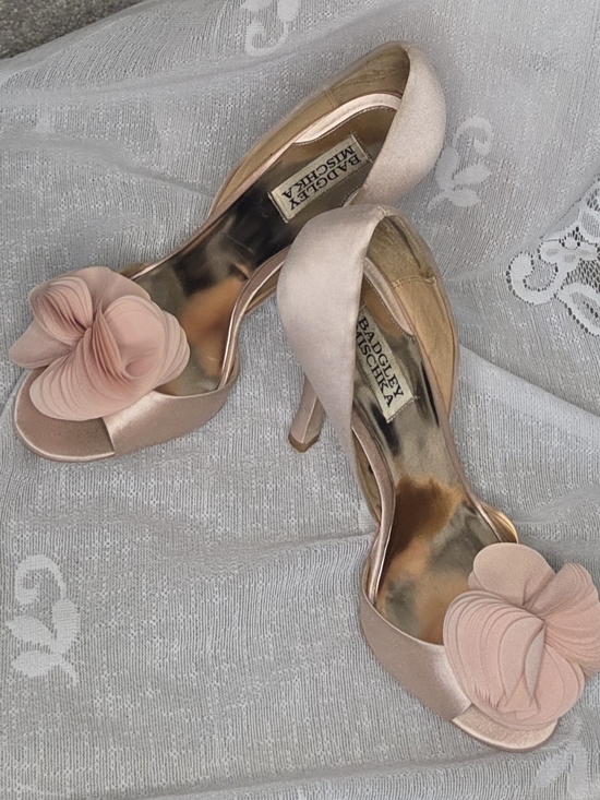 Badgley Mischka Shoes - Badgley Mischka Blush Pink Satin Peep-Toe Heels with Floral Accent